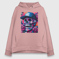 Толстовка оверсайз женская Череп в бейсболке - граффити, цвет: пыльно-розовый
