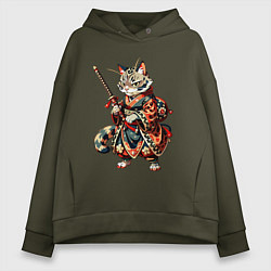 Толстовка оверсайз женская Кот ниндзя - японский воин, цвет: хаки