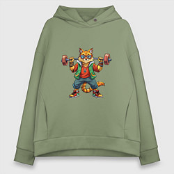 Толстовка оверсайз женская Крутой рыжий кото держит гантель, цвет: авокадо