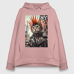 Толстовка оверсайз женская Котяра панк из Нью-Йорка - нейросеть, цвет: пыльно-розовый
