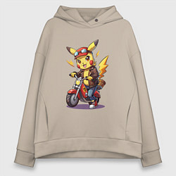 Женское худи оверсайз Пикачу на красном мотоцикле