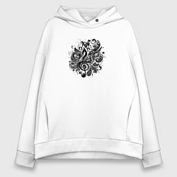 Толстовка оверсайз женская Орнамент со скрипичным ключом тату стиль, цвет: белый