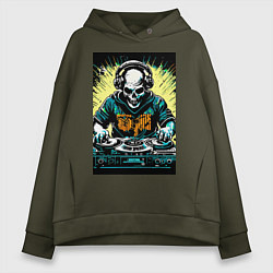 Толстовка оверсайз женская Диджей скелет, цвет: хаки