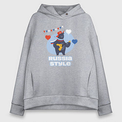 Толстовка оверсайз женская Русский медведь с балалайкой и флагом, цвет: меланж