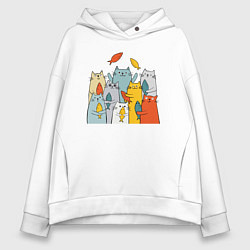 Толстовка оверсайз женская Коты и рыбы, цвет: белый