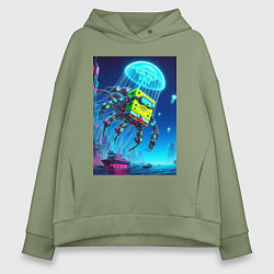Толстовка оверсайз женская Краб Губка Боб в мегаполисе - киберпанк, цвет: авокадо