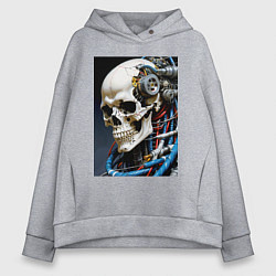 Толстовка оверсайз женская Кибер череп - нейроарт фантазия, цвет: меланж