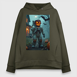 Толстовка оверсайз женская Тыква Джек космонавт, цвет: хаки