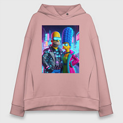 Толстовка оверсайз женская Гомер и Мардж Симпсоны - киберпанк, цвет: пыльно-розовый