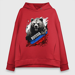 Толстовка оверсайз женская Русский медведь на фоне флага России, цвет: красный
