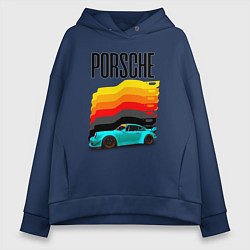 Толстовка оверсайз женская Автомобиль Porsche на фоне флага Германии, цвет: тёмно-синий