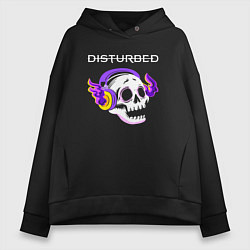 Толстовка оверсайз женская Disturbed - неоновый череп, цвет: черный