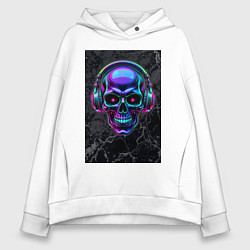Толстовка оверсайз женская Неоновый череп в наушниках, цвет: белый