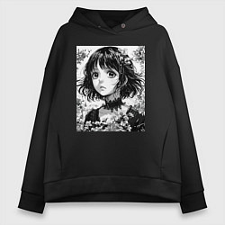 Толстовка оверсайз женская Аниме девушка портрет черно-белый, цвет: черный