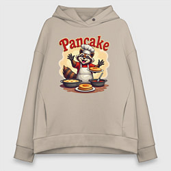Толстовка оверсайз женская Енот готовит панкейки, цвет: миндальный