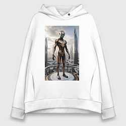 Толстовка оверсайз женская Инопланетянин в городе будущего, цвет: белый