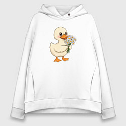 Толстовка оверсайз женская Милая уточка с букетом ромашек, цвет: белый