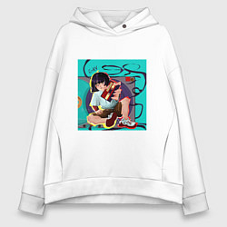 Толстовка оверсайз женская Мультяшная Хип-хоп девушка с касетой - ретро anime, цвет: белый