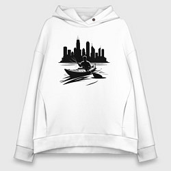 Толстовка оверсайз женская На каяке на фоне города, цвет: белый