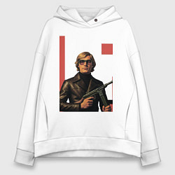 Толстовка оверсайз женская Мужчина с автоматом ретрофутуризм поп-арт 1970-е, цвет: белый