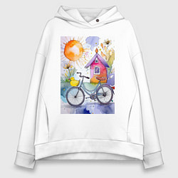 Женское худи оверсайз Утенок на велосипеде - акварель