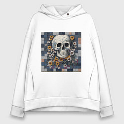 Толстовка оверсайз женская Череп в цветах мозаика, цвет: белый
