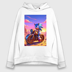 Женское худи оверсайз Ёж Соник на ржавом ретро мотоцикле в пустыне