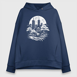 Толстовка оверсайз женская Лунный японский город, цвет: тёмно-синий