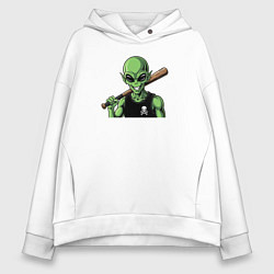 Женское худи оверсайз Зеленый пришелец с битой