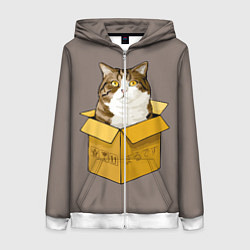 Толстовка на молнии женская Котик в коробке, цвет: 3D-белый