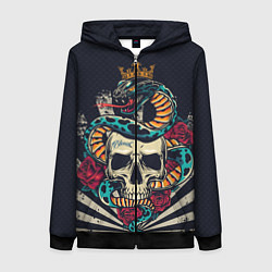 Толстовка на молнии женская Змея с короной на черепе, цвет: 3D-черный