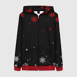 Женская толстовка на молнии КРАСНО БЕЛЫЕ СНЕЖИНКИ НА ЧЁРНОМ ФОНЕ