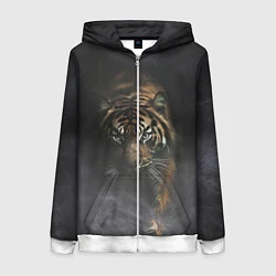 Толстовка на молнии женская Тигр в тумане, цвет: 3D-белый