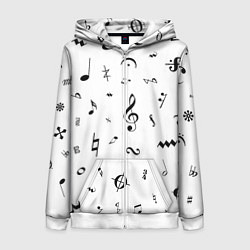 Толстовка на молнии женская Нотные Знаки Черные на Белом, цвет: 3D-белый
