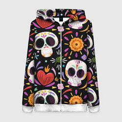 Толстовка на молнии женская Веселые черепа в цветах, цвет: 3D-белый