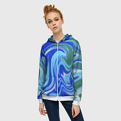 Толстовка на молнии женская Тай-дай с синим, зелёным и белым цветом, цвет: 3D-белый — фото 2