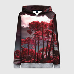 Толстовка на молнии женская Абстрактные красные деревья и облака, цвет: 3D-меланж
