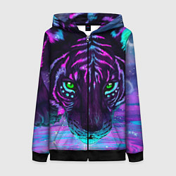 Толстовка на молнии женская Светящийся неоновый тигр, цвет: 3D-черный