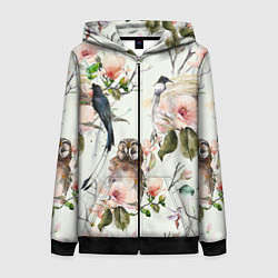 Толстовка на молнии женская Цветы Нарисованные Магнолии и Птицы, цвет: 3D-черный