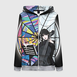 Женская толстовка на молнии Уэнсдэй играет на виолончели на фоне окна