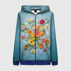 Толстовка на молнии женская Букет полевых цветов на ткани, цвет: 3D-синий