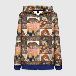Толстовка на молнии женская Коллаж из рисунков с лисой, цвет: 3D-синий