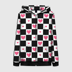 Женская толстовка на молнии Розовые сердечки на фоне шахматной черно-белой дос