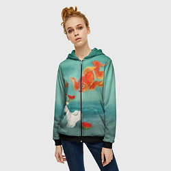 Толстовка на молнии женская Девочка с арбузом и золотая рыбка, цвет: 3D-черный — фото 2