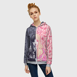 Толстовка на молнии женская Барби и Уэнсдей - мои две личности: в стиле тату, цвет: 3D-меланж — фото 2
