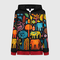 Толстовка на молнии женская Африканский узор со слонами - нейросеть, цвет: 3D-красный