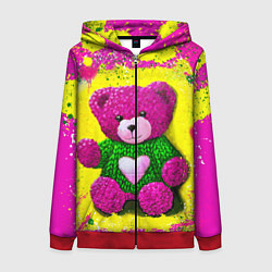 Толстовка на молнии женская Розовый мишка в вязаном свитере, цвет: 3D-красный
