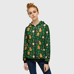 Толстовка на молнии женская New year pattern with green background, цвет: 3D-черный — фото 2