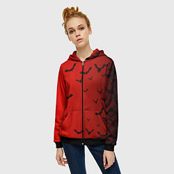 Толстовка на молнии женская Летучие мыши на красном фоне, цвет: 3D-черный — фото 2