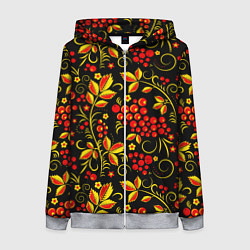Женская толстовка на молнии Хохломская роспись золотистые листья чёрном фоне
